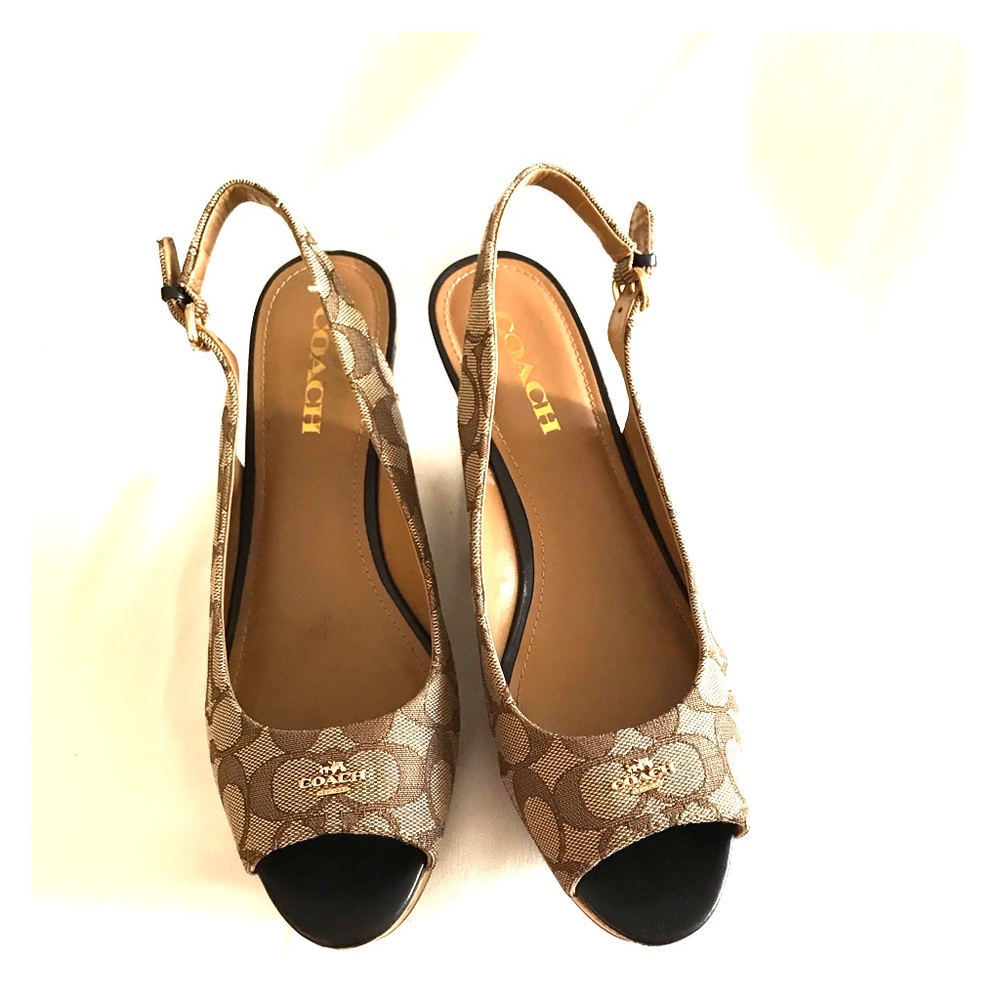Authentic Coach beige wedge sandals.